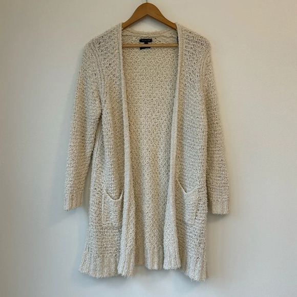 Massimo Dutti Open Knit Mesh Cream Long Sleeve Cardigan Duster Side Pockets Med - Picture 1 of 10